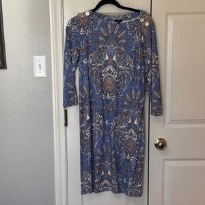 Talbots Elegant Blue and Brown Long Sleeve Dress